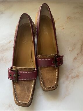 Franco Sarto Brown Suede Moccasins with Burgundy Strap